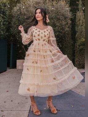 JessaKae Yellow Floral Tiered Tulle Dress